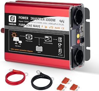 CNCEJIA 1000W Wechselrichter Reiner Sinus 12v auf 230v Spannungswandler mit 2 USB Anschlüsse 2 S…