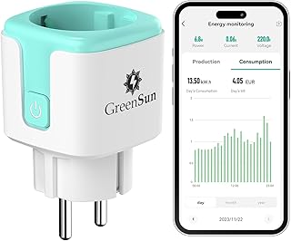 GreenSun Smart Steckdose mit Strommessung Balkonkraftwerk PV Stromzähler | Zeitschaltuhr, Sprach…